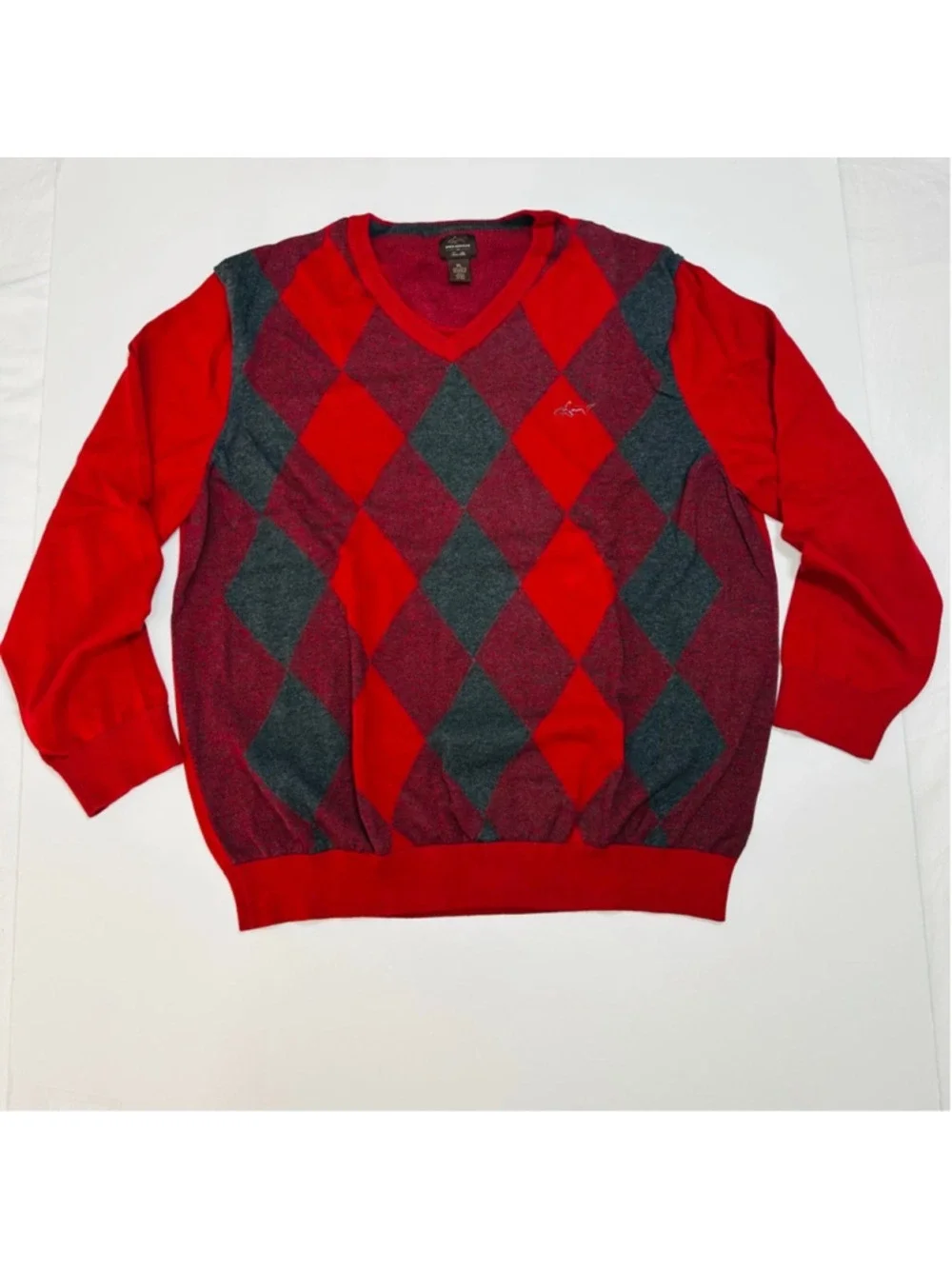 Greg Norman For Tasso Elba Argyle Sweater XL Red Gray V Neck Cotton Golf
